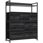 Black wood-effect 7-drawer fabric chest of drawers with two open shelves on a white background