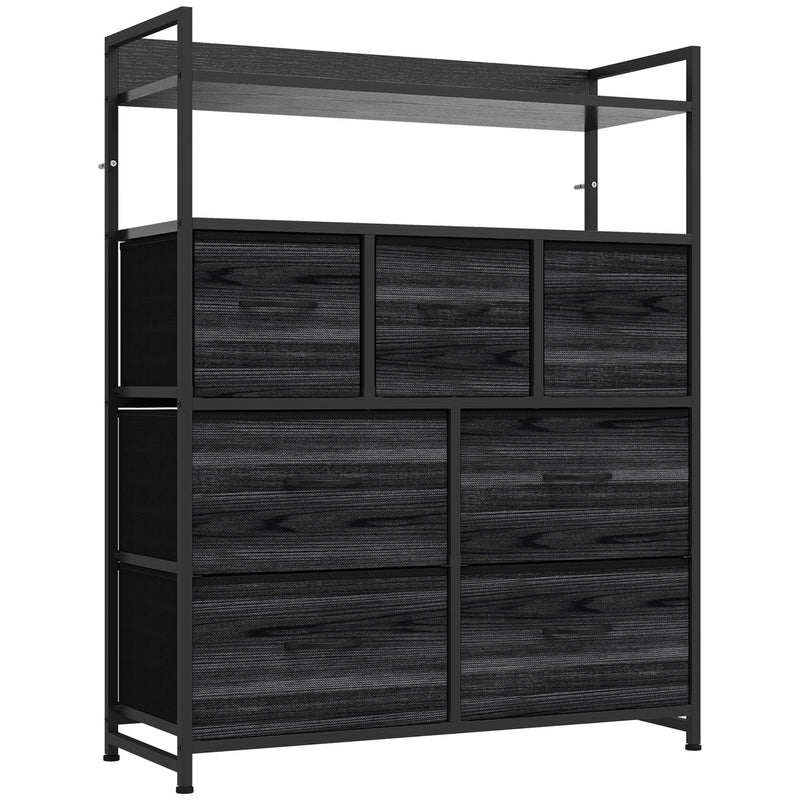 Black wood-effect 7-drawer fabric chest of drawers with two open shelves on a white background