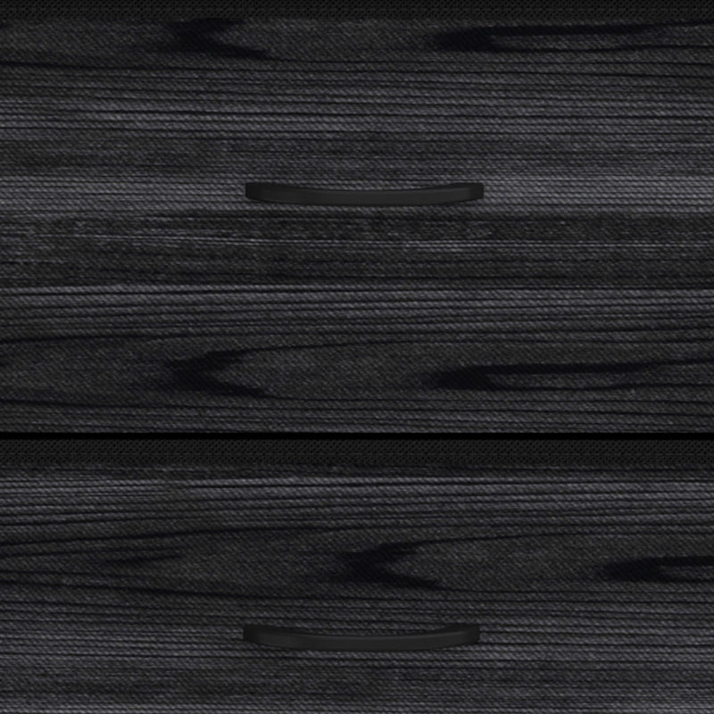 Close-up of the black wood-effect drawer fronts and recessed handles