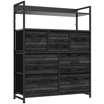 Black wood-effect 7-drawer fabric chest of drawers with two open shelves on a white background
