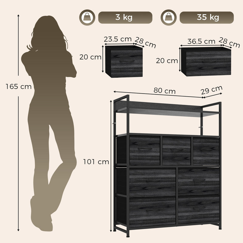 Dimensions diagram of the chest of drawers: 80 cm wide, 29 cm deep, 101 cm high, with drawer sizes and load limits