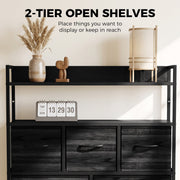 Two open shelves on the black chest of drawers displaying a vase, a lamp and a flip clock