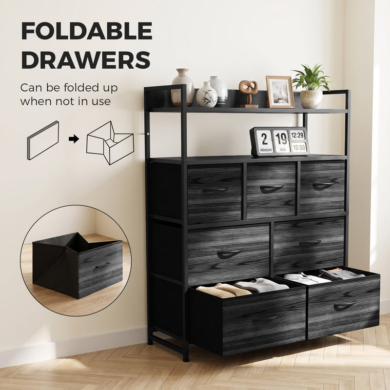 Black chest of drawers with two bottom fabric drawers pulled out and an inset showing a drawer folded flat