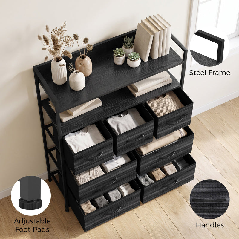 Angled view of the black chest of drawers with folded clothes, plus steel frame, foot pad and handle close-ups