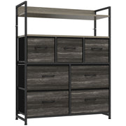 Grey wood-effect 7-drawer fabric chest of drawers with two open shelves on a white background