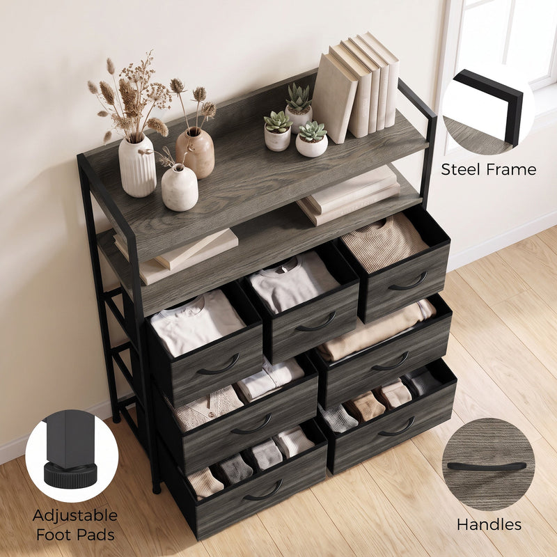 Angled view of the grey chest of drawers with folded clothes, plus steel frame, foot pad and handle close-ups