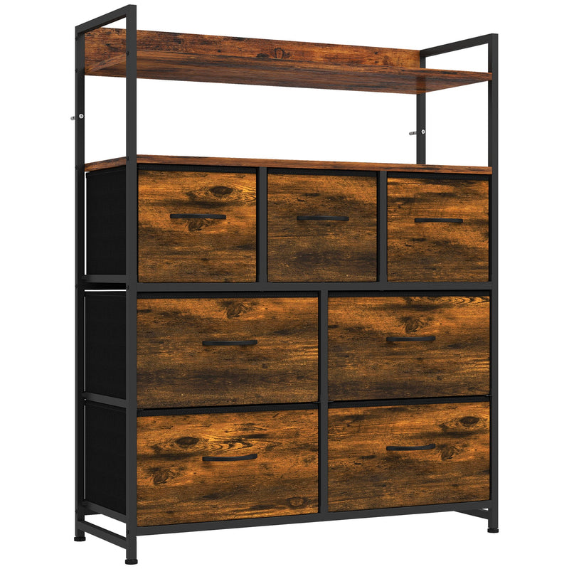 Rustic brown 7-drawer fabric chest of drawers with two open shelves on a white background