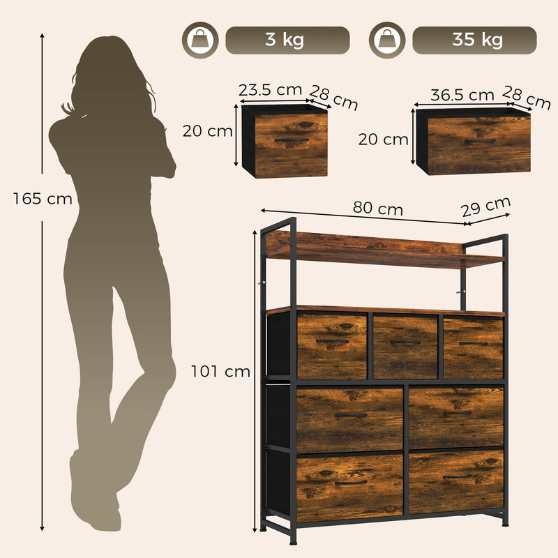 Dimensions diagram of the rustic brown chest of drawers: 80 cm wide, 29 cm deep, 101 cm high, with drawer sizes and load limits