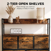 Two open shelves on the rustic brown chest of drawers displaying a vase, a lamp and a flip clock