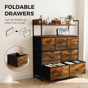 Rustic brown chest of drawers with two bottom fabric drawers pulled out and an inset showing a drawer folded flat