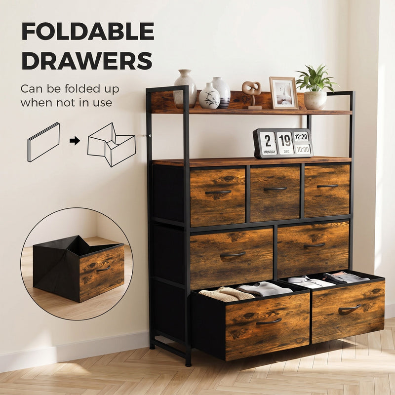 Rustic brown chest of drawers with two bottom fabric drawers pulled out and an inset showing a drawer folded flat