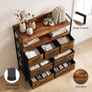 Angled view of the rustic brown chest of drawers with folded clothes, plus steel frame, foot pad and handle close-ups