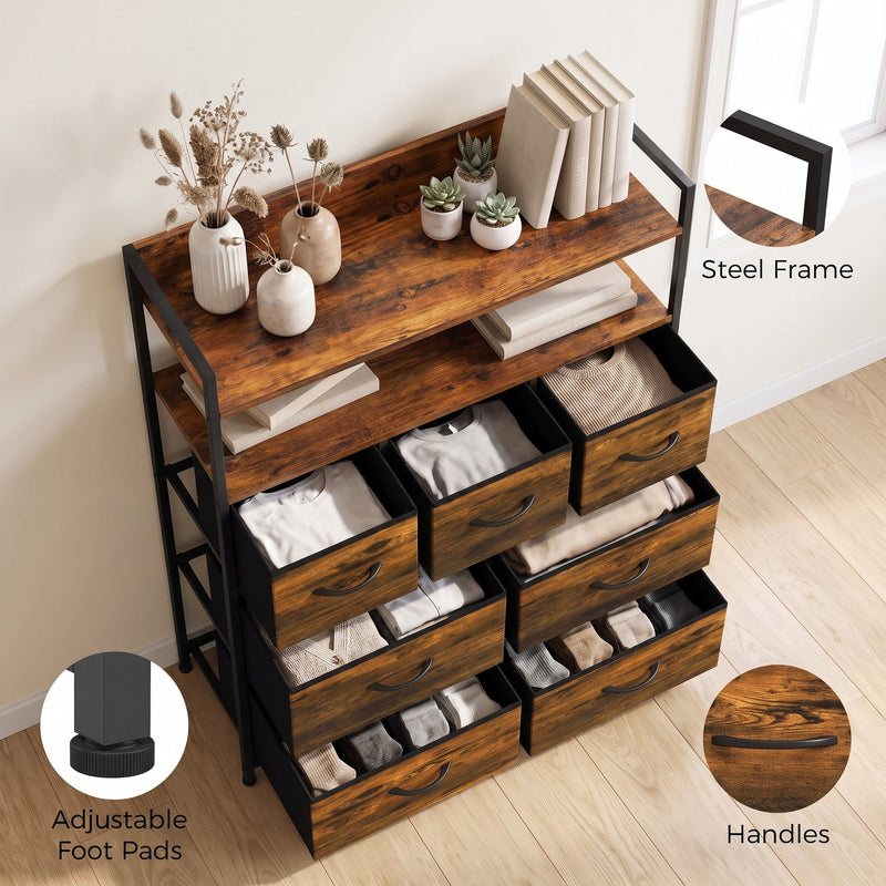 Angled view of the rustic brown chest of drawers with folded clothes, plus steel frame, foot pad and handle close-ups
