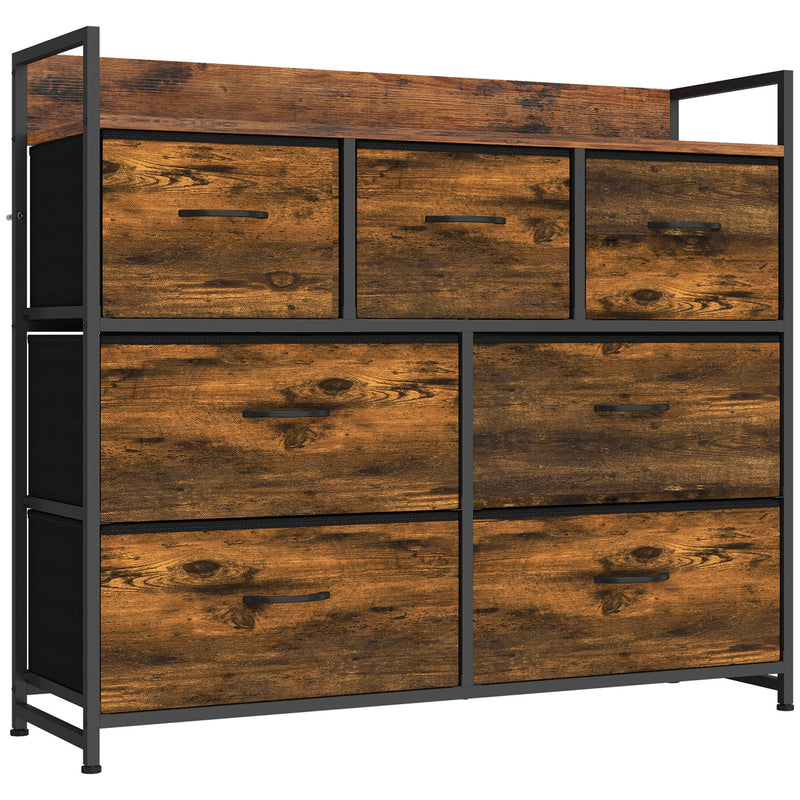 Rustic brown 7-drawer fabric chest of drawers with a raised top shelf on a white background