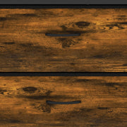 Close-up of the rustic brown wood-effect drawer fronts and recessed handles