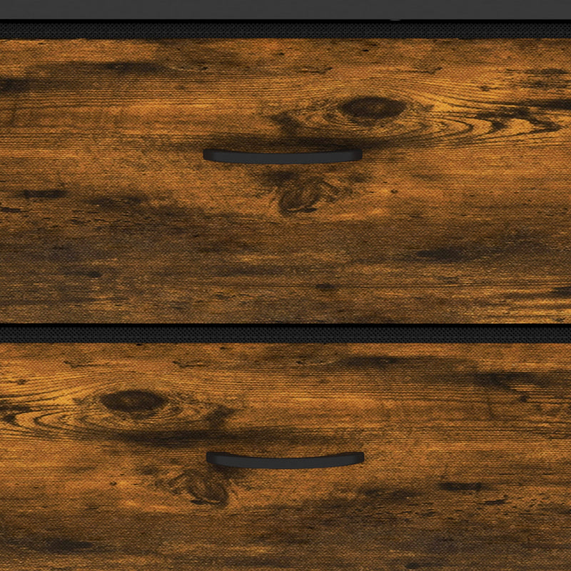 Close-up of the rustic brown wood-effect drawer fronts and recessed handles