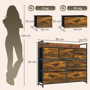 Dimensions diagram of the chest of drawers: 98 cm wide, 29 cm deep, 85 cm high, with drawer sizes and load limits