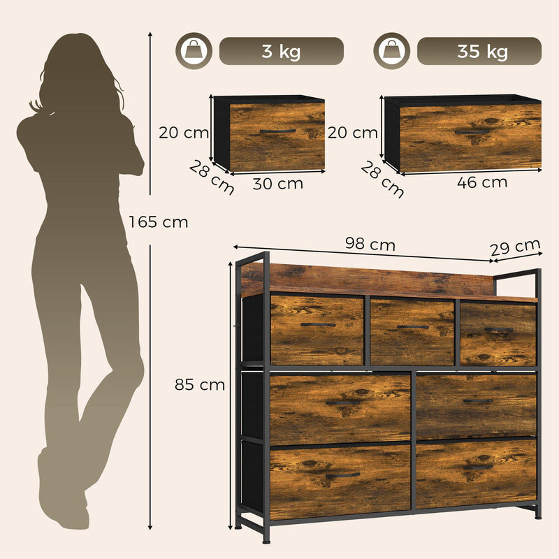 Dimensions diagram of the chest of drawers: 98 cm wide, 29 cm deep, 85 cm high, with drawer sizes and load limits