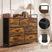 Chest of drawers beside a lamp and books with anti-tipping kit, steel frame and foot pad close-ups