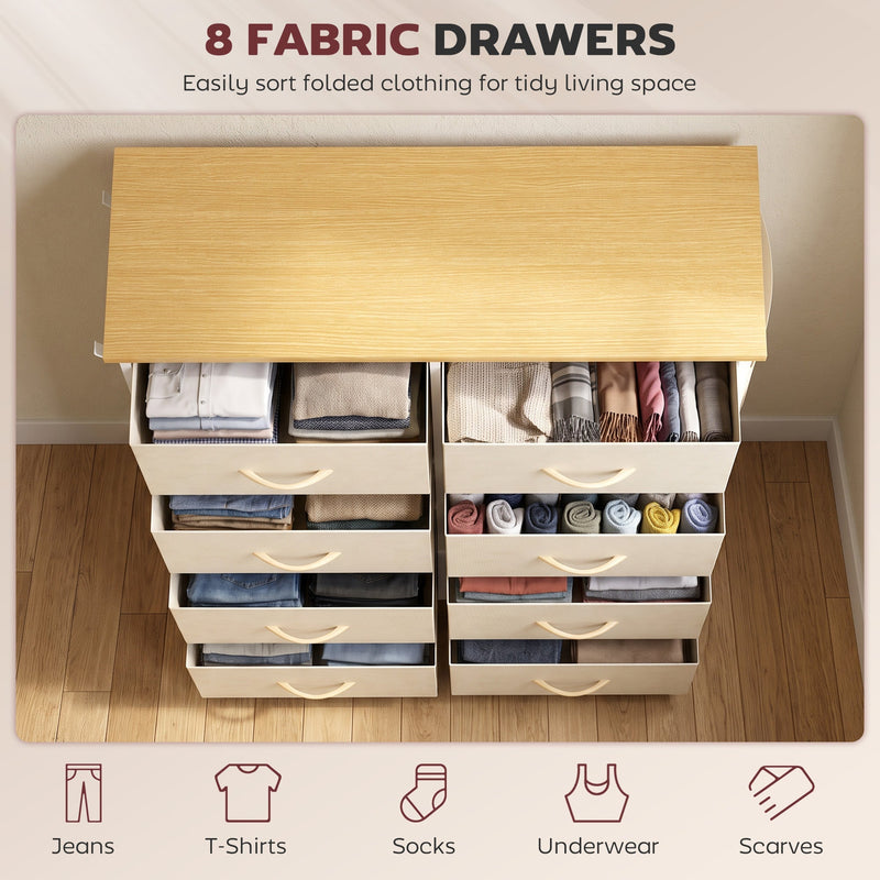 Open drawers filled with folded clothes showing the 8 fabric drawer layout