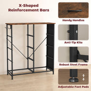 Steel frame with X-bars under a wood-effect top, with handle, anti-tip kit and foot pad close-ups