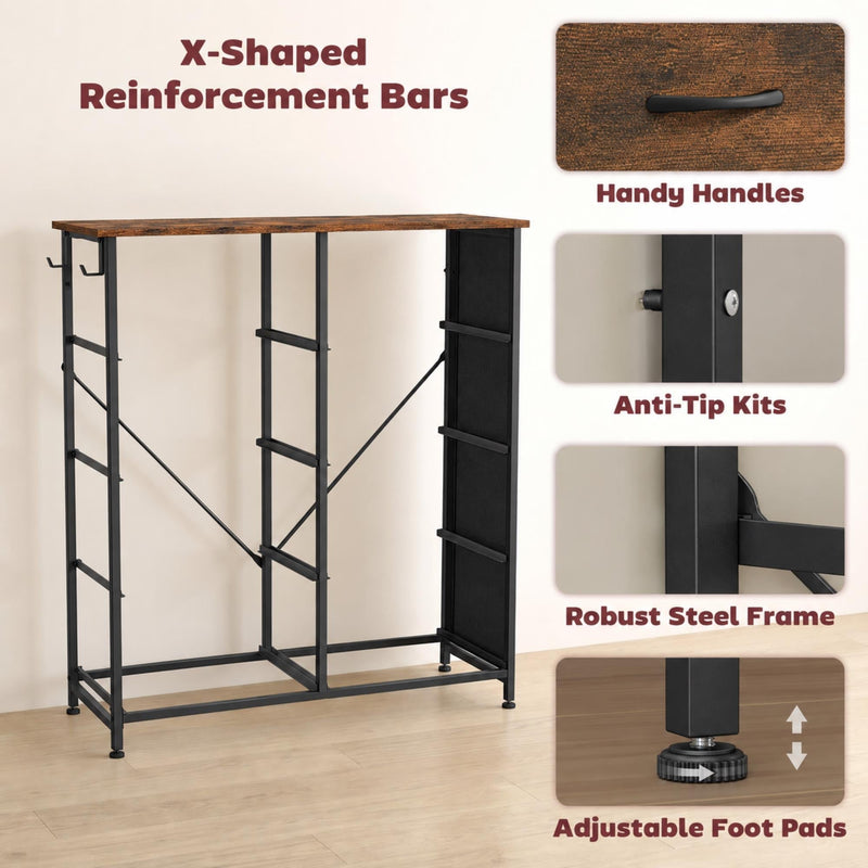 Steel frame with X-bars under a wood-effect top, with handle, anti-tip kit and foot pad close-ups
