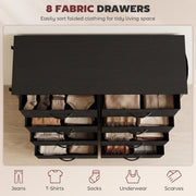 Open fabric drawers holding folded clothes and underwear