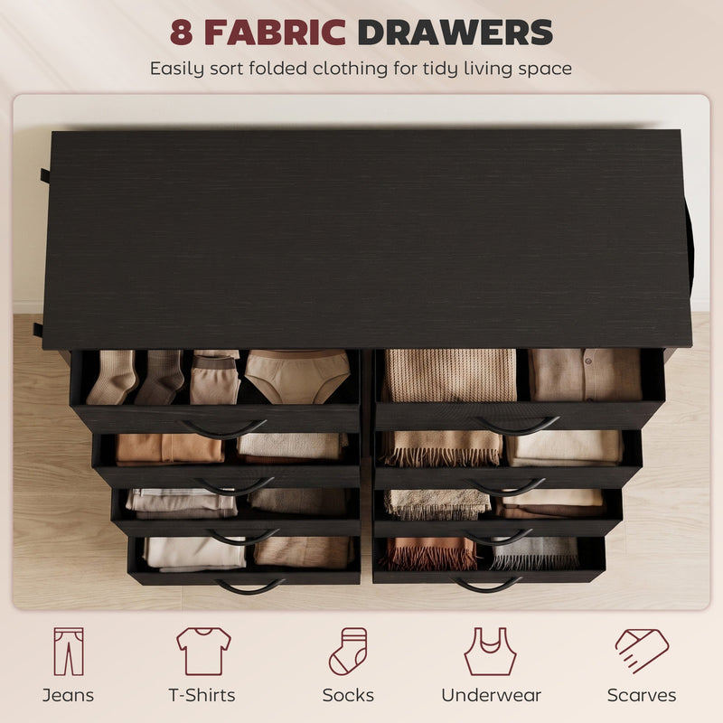 Open fabric drawers holding folded clothes and underwear