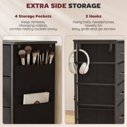 Close-up of the side storage pockets and hooks on the black chest