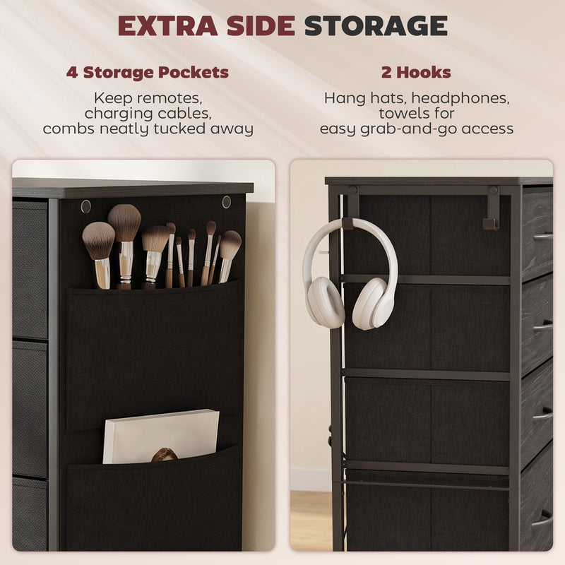Close-up of the side storage pockets and hooks on the black chest