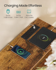 Close-up of the built-in charging station showing USB-A, USB-C ports and two AC outlets