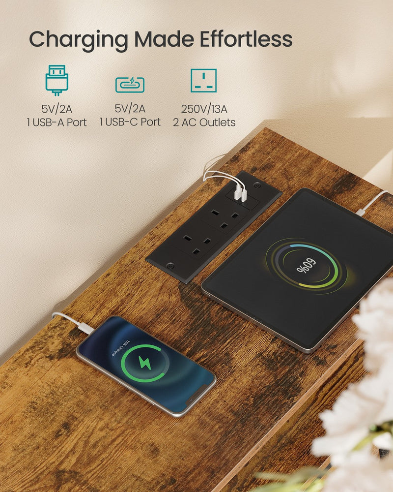 Close-up of the built-in charging station showing USB-A, USB-C ports and two AC outlets