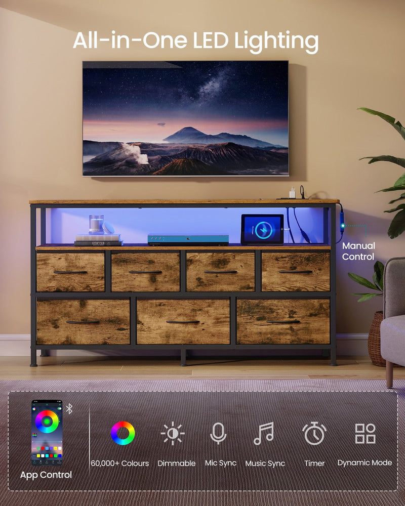 LED-lit open shelf with app control panel showing colour options, dimming and music sync features