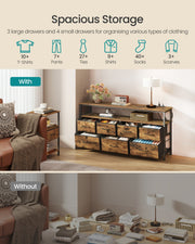 Comparison image showing the chest of drawers holding folded clothing versus a cluttered room without it