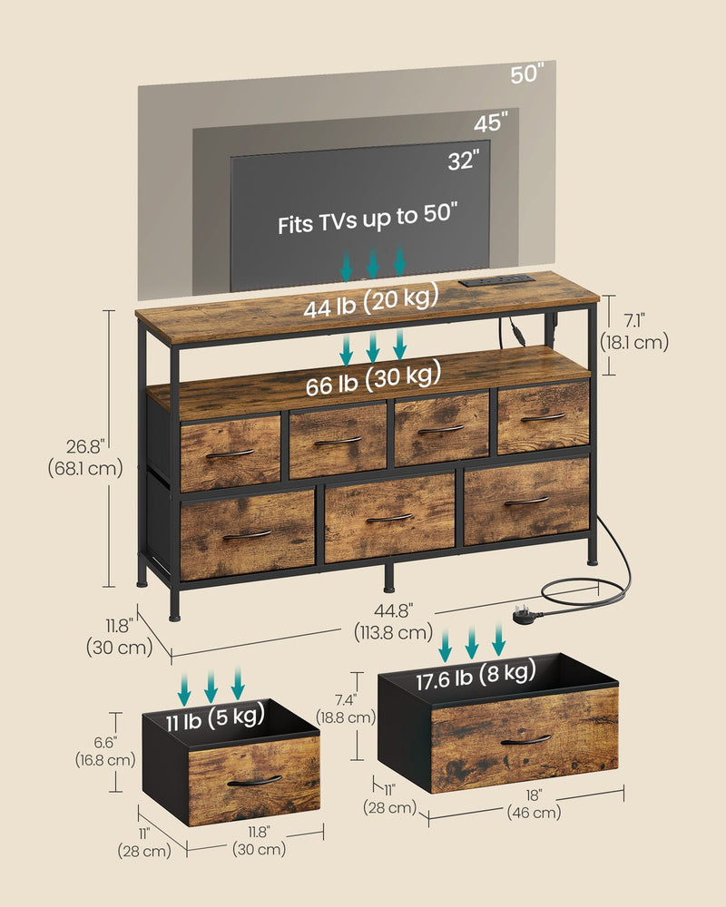 Dimension diagram of the chest of drawers showing 113.8 cm width, 68.1 cm height, 30 cm depth and drawer load capacities
