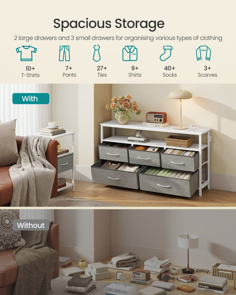 Before-and-after graphic showing folded clothing organised inside the open drawers versus the same items piled loose without the unit.
