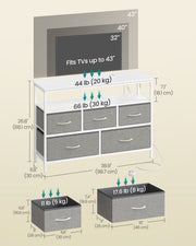 Labelled dimensions diagram of the dove grey chest of drawers showing overall size, drawer sizes and maximum static load capacities for the top, shelf and each drawer.