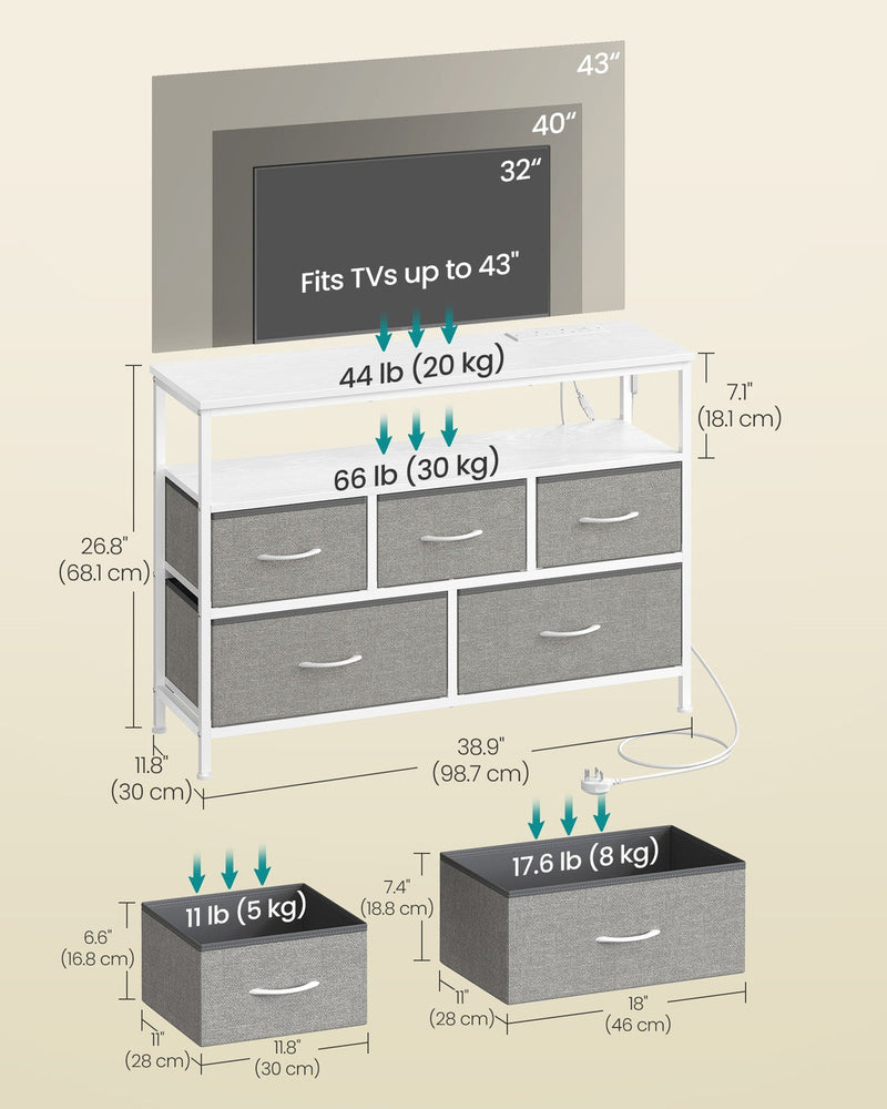 Labelled dimensions diagram of the dove grey chest of drawers showing overall size, drawer sizes and maximum static load capacities for the top, shelf and each drawer.