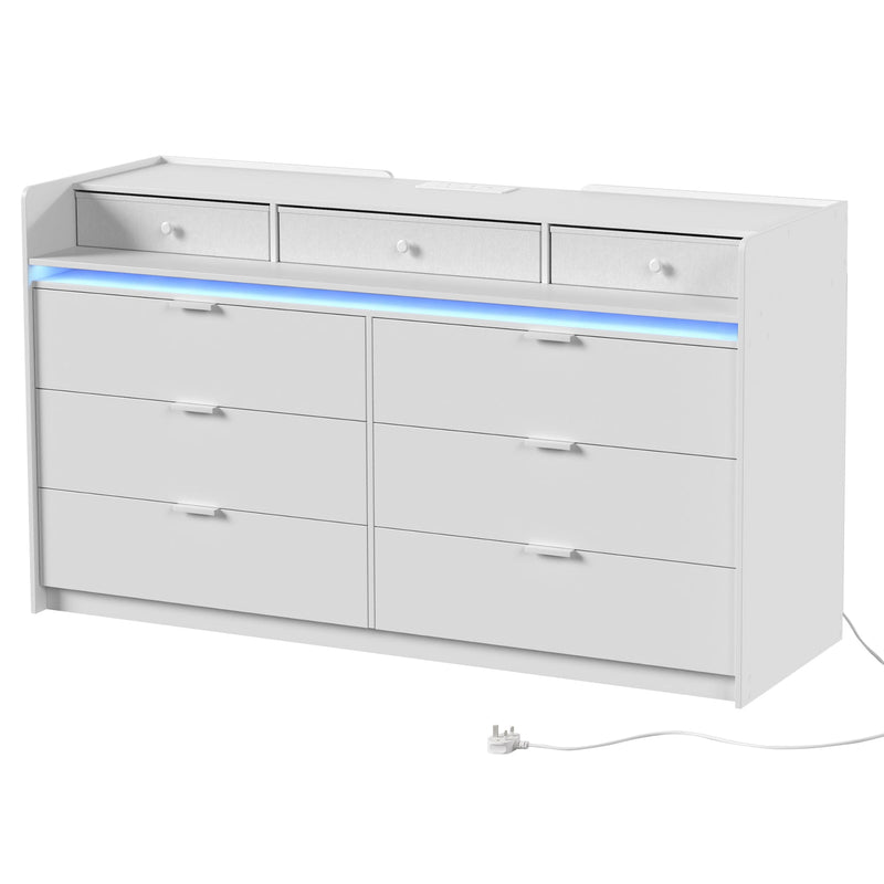 White 9-drawer chest of drawers with blue LED strip light, studio shot