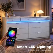 White chest of drawers with blue LED light and a phone app controlling the colour