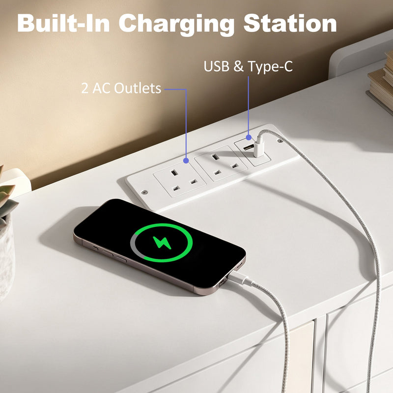 Built-in charging station on a white top with 2 UK outlets, USB and Type-C ports