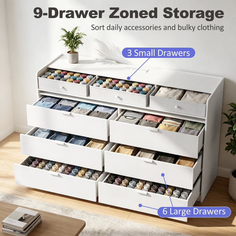 White chest of drawers showing 3 small drawers and 6 large drawers filled with clothes