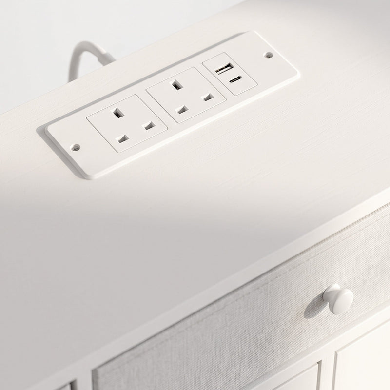 Close-up of the two UK outlets and USB ports in the white top panel