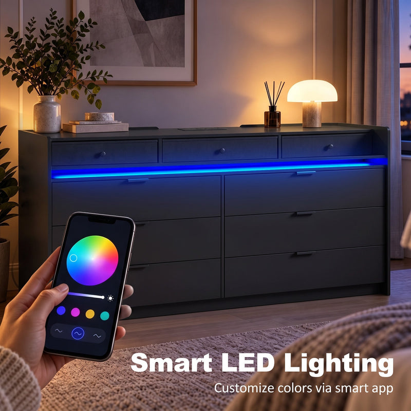 Black chest of drawers with blue LED light and a phone app controlling the colour