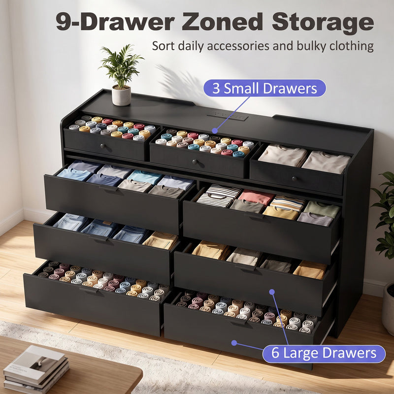 Black chest of drawers showing 3 small drawers and 6 large drawers filled with clothes