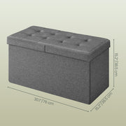 Close-up of the button-tufted top on the dark grey storage ottoman