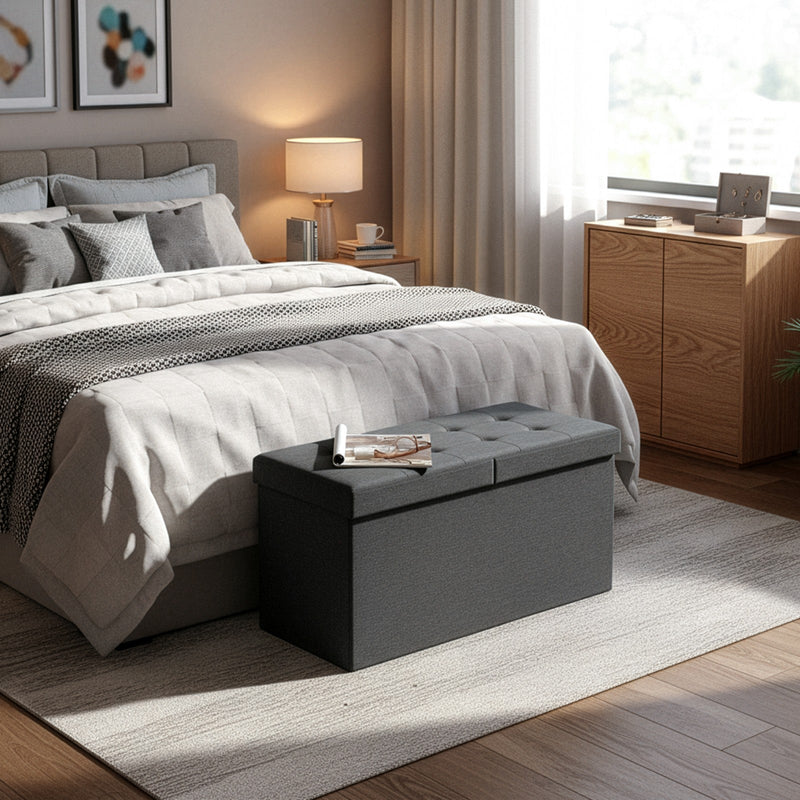 Dark grey Chesterfield ottoman bench shown in a hallway setting