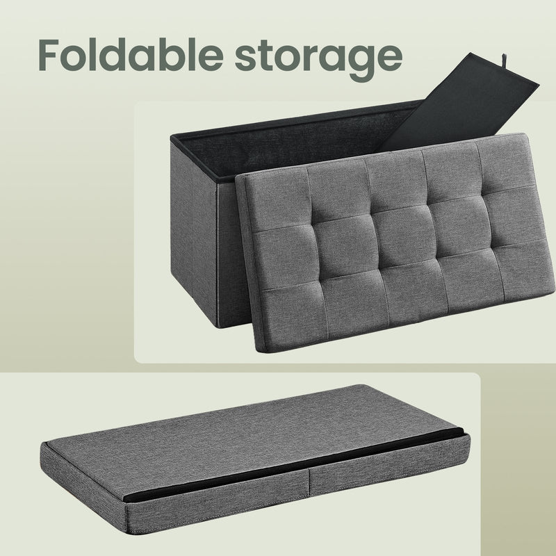 Dark grey Chesterfield ottoman bench, angled corner view