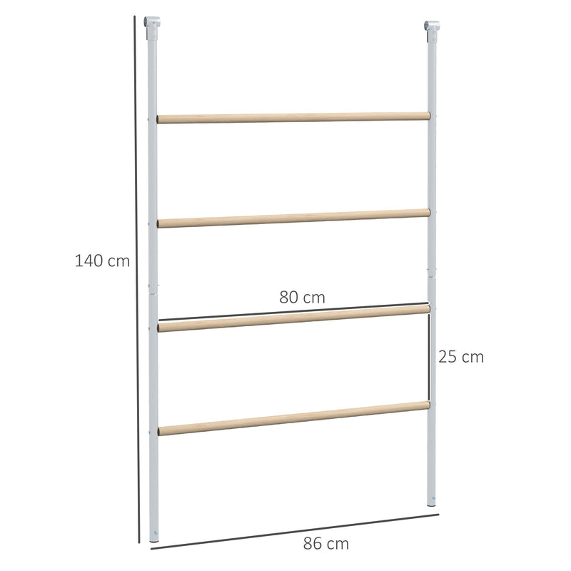 Dimension diagram showing the chicken perch measuring 140cm high and 86cm wide with 25cm bar spacing