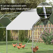 Chicken perch combined with a 25mm-tube metal chicken coop in a garden